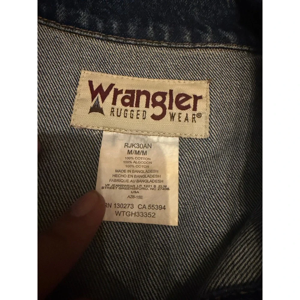 Wrangler Rugged Wear Mens Denim Jacket Medium Blue Patchwork Trucker RJK30AN